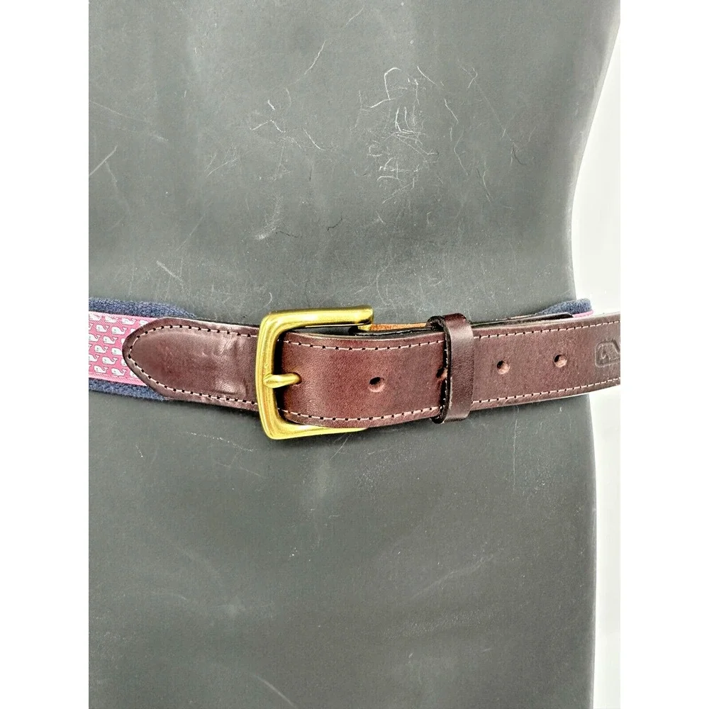 Vineyard Vines Men's Blue Woven Cotton Pink Canvas Whale Logo Golf Belt Size S/M